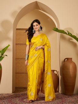 FABMORA - Women Mustard Silk Blend Embroidered Saree with Unstitched Blouse