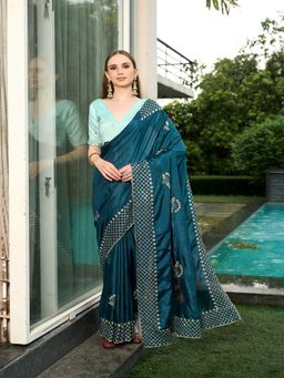 FABMORA - Women Teal Silk Blend Embroidered Saree with Unstitched Blouse
