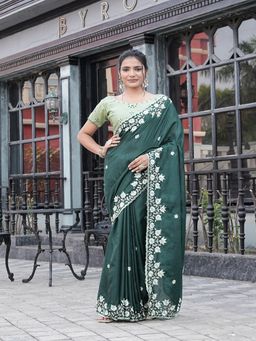 FABMORA - Women Green Silk Blend Embroidered Saree with Unstitched Blouse