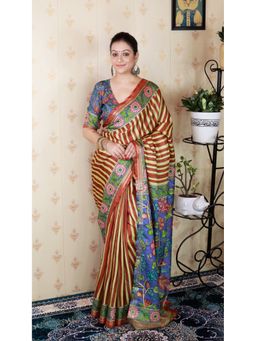 ELITE WEAVES - Brown Soft Tussar Silk Striped Printed Zari Woven Saree with Unstitched Blouse
