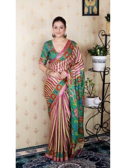 ELITE WEAVES - Pink Soft Tussar Silk Striped Printed Zari Woven Saree with Unstitched Blouse