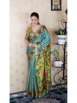 ELITE WEAVES - Teal Soft Tussar Silk Striped Printed Zari Woven Saree with Unstitched Blouse