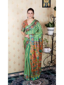 ELITE WEAVES - Green Soft Tussar Silk Striped Printed Zari Woven Saree with Unstitched Blouse