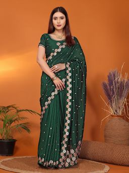 FABMORA - Women Green Silk Blend Embroidered Saree with Unstitched Blouse