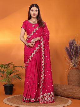 FABMORA - Women Pink Silk Blend Embroidered Saree with Unstitched Blouse