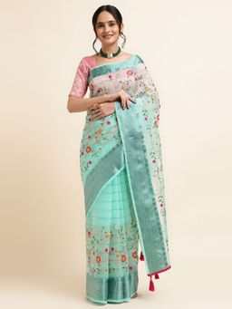 FABMORA - Women Blue Organza Embroidered Saree with Unstitched Blouse