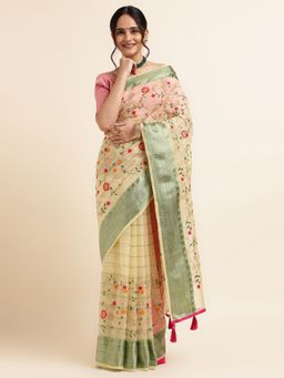 FABMORA - Women Cream Organza Embroidered Saree with Unstitched Blouse