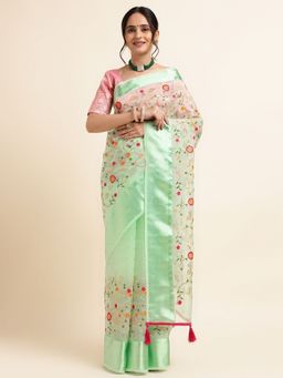 FABMORA - Women Green Organza Embroidered Saree with Unstitched Blouse
