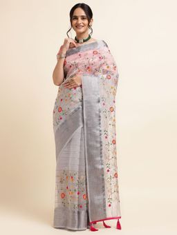 FABMORA - Women Grey Organza Embroidered Saree with Unstitched Blouse