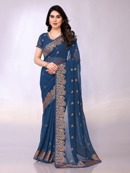 FABMORA - Women Blue Georgette Embroidered Saree with Unstitched Blouse