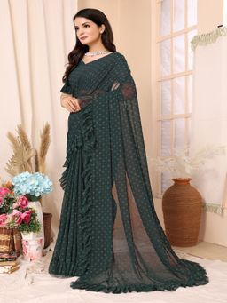 FABMORA - Women Green Georgette Embellished Saree with Unstitched Blouse