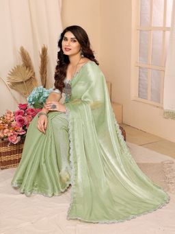 FABMORA - Women Green Chiffon Solid Saree with Unstitched Blouse