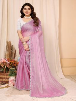FABMORA - Women Pink Chiffon Solid Saree with Unstitched Blouse