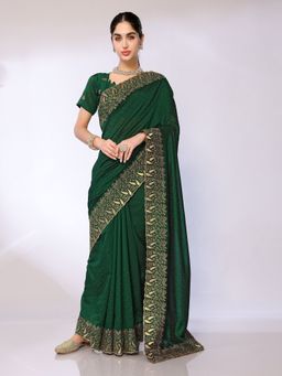 FABMORA - Women Green Silk Blend Embroidered Saree with Unstitched Blouse