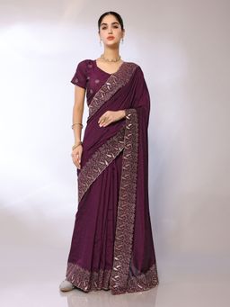 FABMORA - Women Wine Silk Blend Embroidered Saree with Unstitched Blouse
