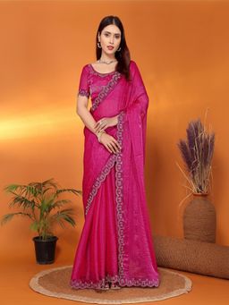 FABMORA - Women Pink Chiffon Embellished Saree with Unstitched Blouse