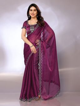 FABMORA - Women Purple Chiffon Embellished Saree with Unstitched Blouse