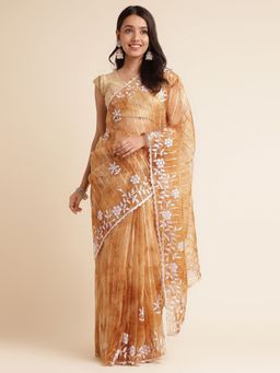 FABMORA - Women Brown Organza Embroidered Saree with Unstitched Blouse