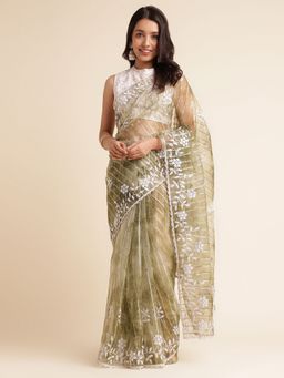FABMORA - Women Olive Organza Embroidered Saree with Unstitched Blouse