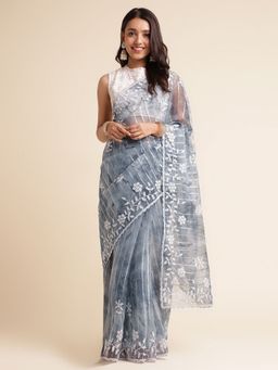 FABMORA - Women Grey Organza Embroidered Saree with Unstitched Blouse