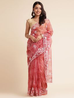 FABMORA - Women Red Organza Embroidered Saree with Unstitched Blouse