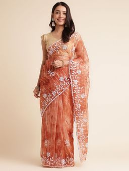 FABMORA - Women Rust Organza Embroidered Saree with Unstitched Blouse