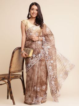FABMORA - Women Brown Organza Embroidered Saree with Unstitched Blouse