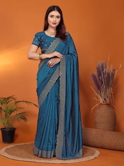 FABMORA - Women Blue Silk Blend Embellished Saree with Unstitched Blouse