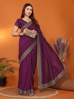 FABMORA - Women Wine Silk Blend Embellished Saree with Unstitched Blouse