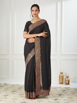 FABMORA - Women Black Silk Blend Embroidered Saree with Unstitched Blouse
