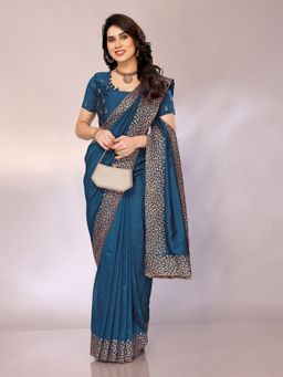 FABMORA - Women Teal Silk Blend Embroidered Saree with Unstitched Blouse
