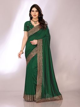 FABMORA - Women Green Silk Blend Embroidered Saree with Unstitched Blouse