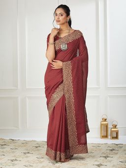FABMORA - Women Rust Silk Blend Embroidered Saree with Unstitched Blouse