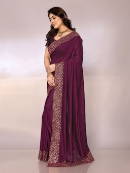 FABMORA - Women Wine Silk Blend Embroidered Saree with Unstitched Blouse