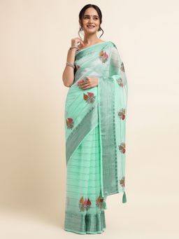 FABMORA - Women Green Organza Embroidered Saree with Unstitched Blouse