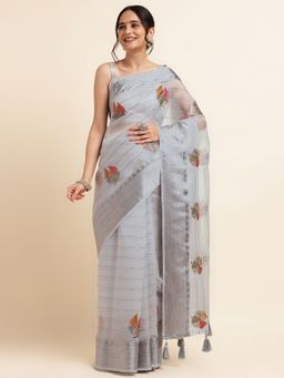 FABMORA - Women Grey Organza Embroidered Saree with Unstitched Blouse