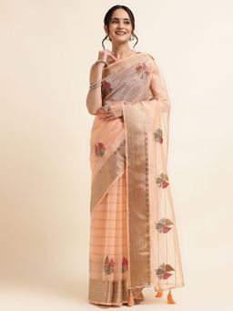 FABMORA - Women Peach Organza Embroidered Saree with Unstitched Blouse
