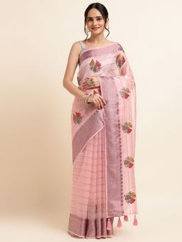 FABMORA - Women Pink Organza Embroidered Saree with Unstitched Blouse