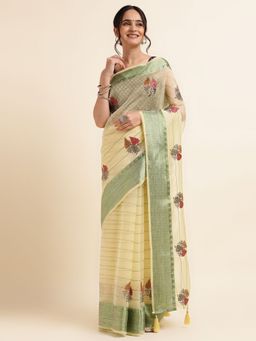 FABMORA - Women Yellow Organza Embroidered Saree with Unstitched Blouse