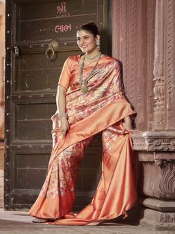 FABMORA - Women Orange Jacquard Abstract Printed Saree with Unstitched Blouse
