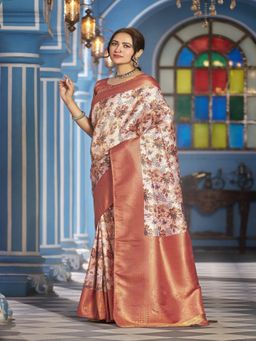 FABMORA - Women Multi-Color Jacquard Floral Printed Saree with Unstitched Blouse