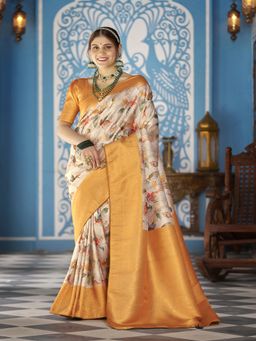 FABMORA - Women Orange Jacquard Floral Printed Saree with Unstitched Blouse