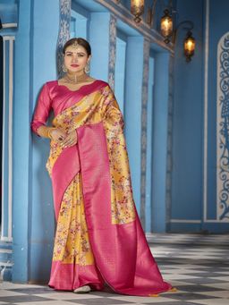 FABMORA - Women Multi-Color Silk Floral Printed Saree with Unstitched Blouse