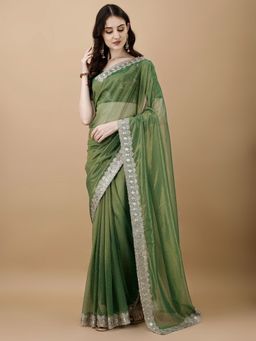 FABMORA - Women Green Net Embellished Saree with Unstitched Blouse