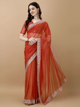 FABMORA - Women Orange Net Embellished Saree with Unstitched Blouse