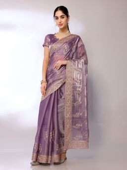 FABMORA - Women Purple Chiffon Embroidered Saree with Unstitched Blouse