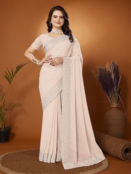 FABMORA - Women Pink Georgette Embroidered Saree with Unstitched Blouse