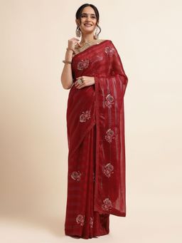 FABMORA - Women Maroon Chiffon Embroidered Saree with Unstitched Blouse