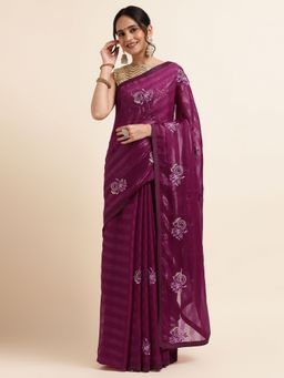 FABMORA - Women Wine Chiffon Embroidered Saree with Unstitched Blouse