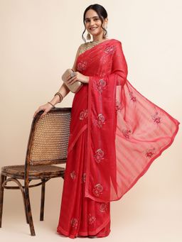 FABMORA - Women Red Chiffon Embroidered Saree with Unstitched Blouse